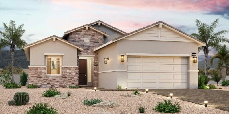 Exterior photo of a new home in the Glenmore collections by Century Communities in Cadence. The single-story home features a modern design with a two-car garage and landscaped front yard.